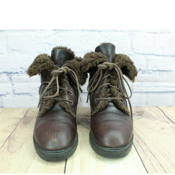 *Santana Brown Leather Lace Up Fur Cuff Paddock Ankle Boots Size 10.5 Inches - Picture 4 of 9